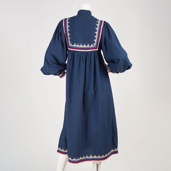 1970s Vintage Poet Sleeve Bohemian Blue Cotton Dress Sz S - Picture 4 of 6